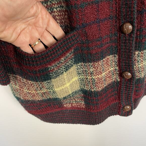 VTG 80s Grandpa Sweater Cardigan Size L Burgundy Plaid Wool Blend Leather Button - Picture 7 of 11